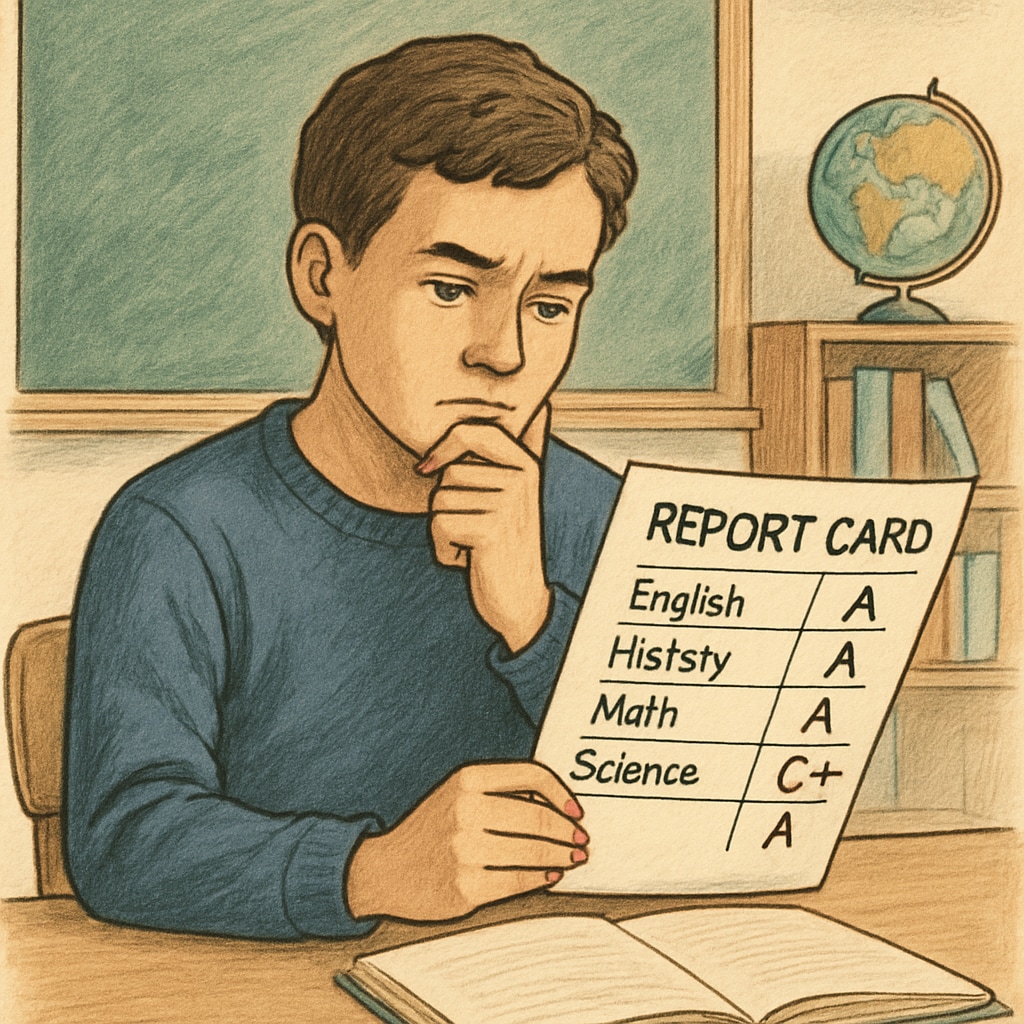 A student reviewing their report card with a C+ grade.