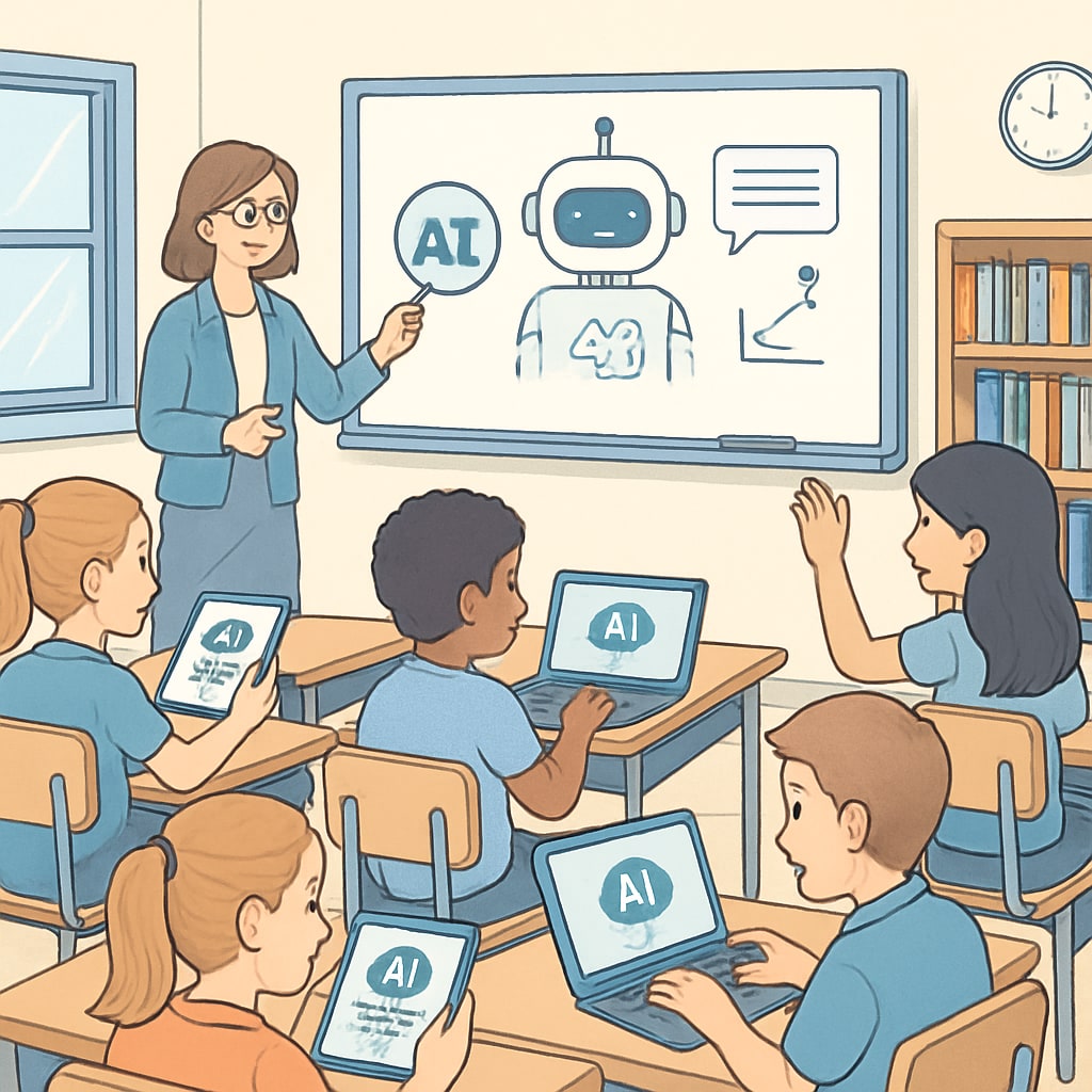 A classroom setting where students are using AI-powered tools for learning. Students in a classroom using AI-powered learning tools during a competitive exam.