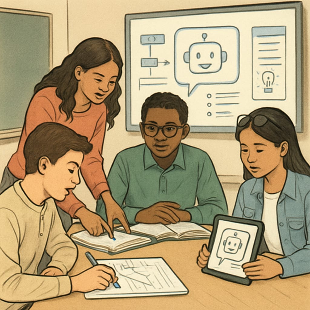 Students engaging in a collaborative problem-solving activity supported by AI-driven tools. Students collaborating on problem-solving with AI tools in a K12 classroom setting.