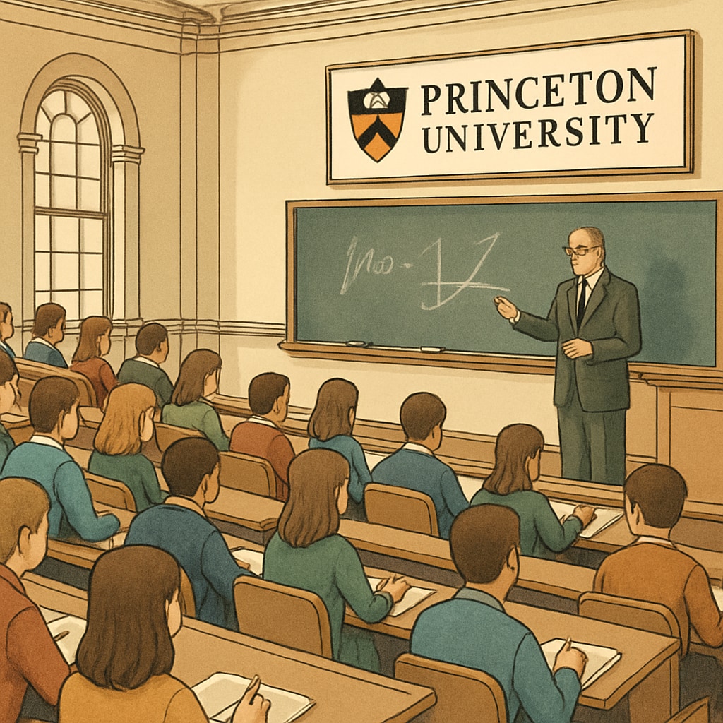 A lecture hall at Princeton University filled with students, representing the traditional Ivy League classroom experience. A lecture hall at Princeton University, showcasing Ivy League education.