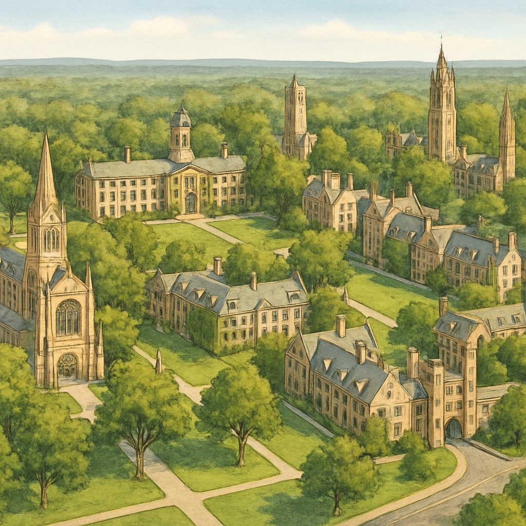 An aerial view of Princeton University campus, showcasing its iconic architecture and sprawling greenery. Aerial view of Princeton University campus, representing Ivy League prestige.