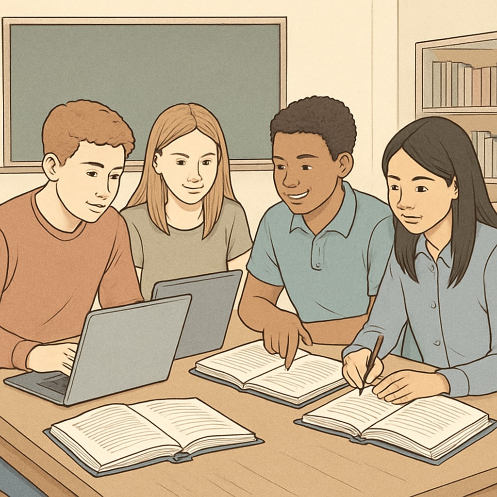High school students collaborating on learning using external educational resources
