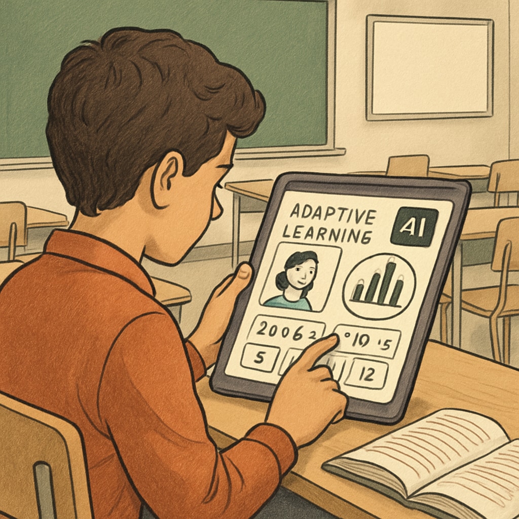 A student interacting with an AI-powered adaptive learning platform on a tablet in a classroom. This image highlights the personalized learning capabilities of AI technology. Student using AI-powered adaptive learning platform in a classroom.