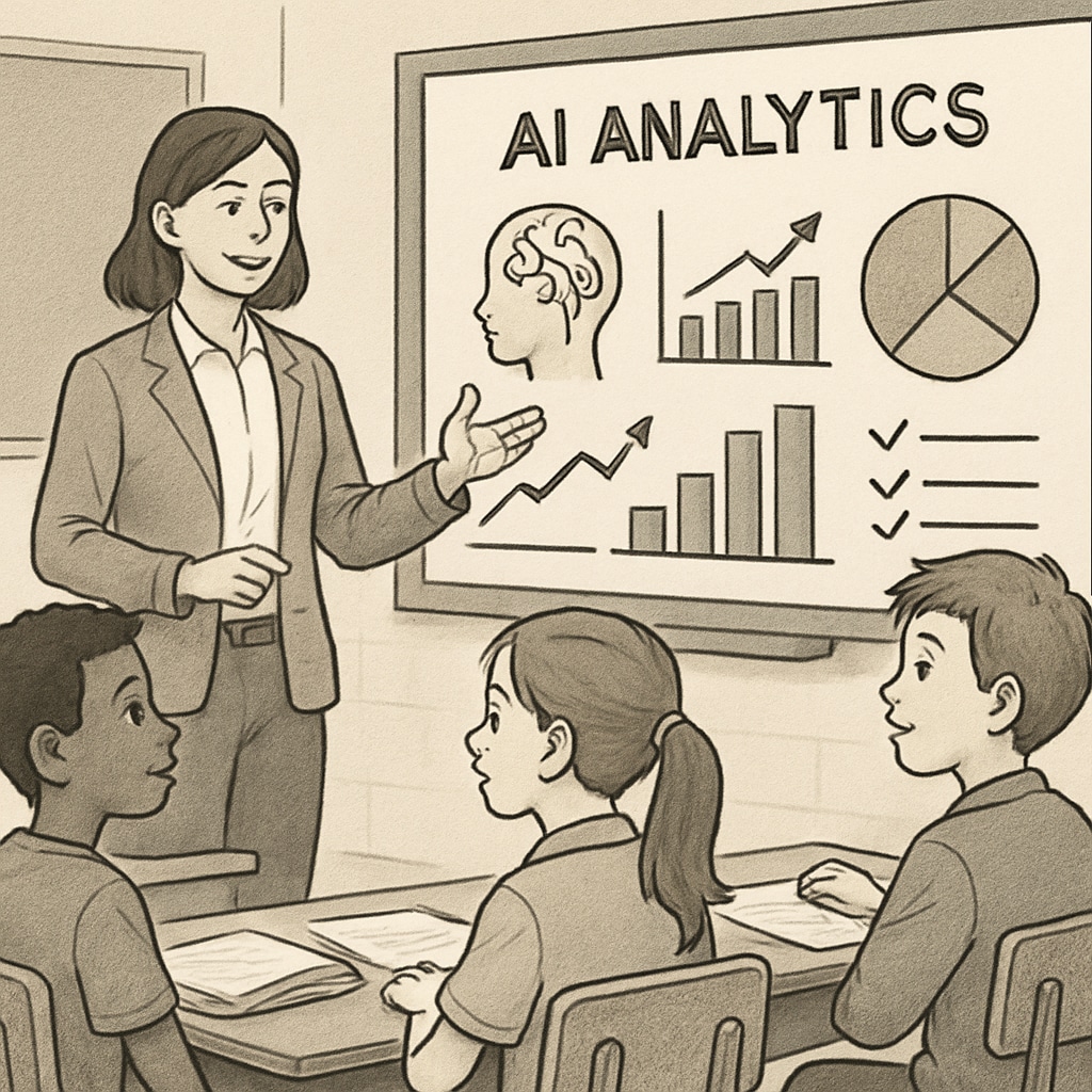 A teacher collaborating with students in a classroom, with AI analytics displayed on a smartboard. This image emphasizes the supportive role of AI in enhancing teacher effectiveness. Teacher using AI analytics to collaborate with students in a classroom.