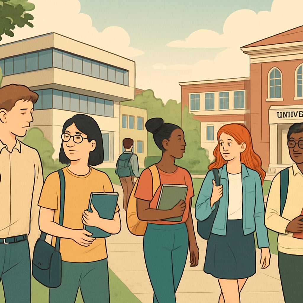 Students walking on an international university campus, considering global education opportunities.