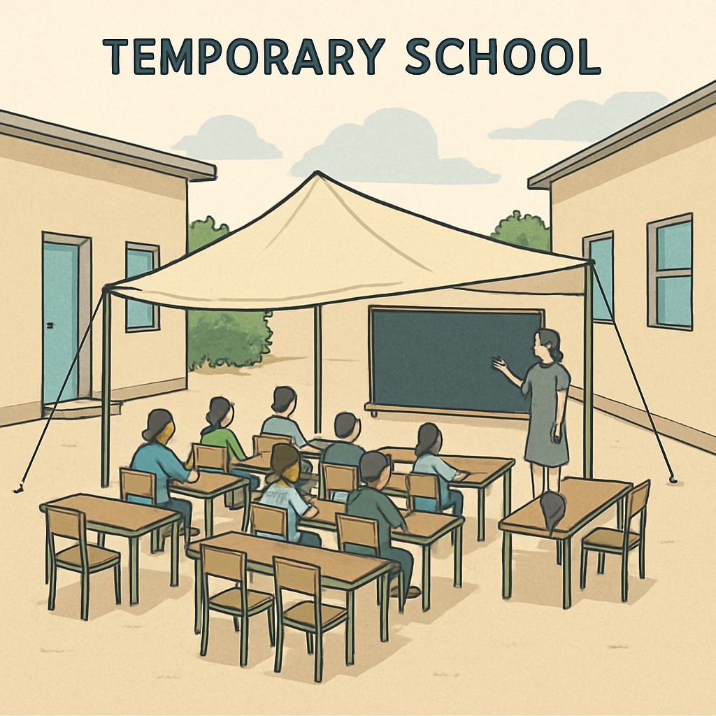 Temporary school environment with limited facilities during renovation.