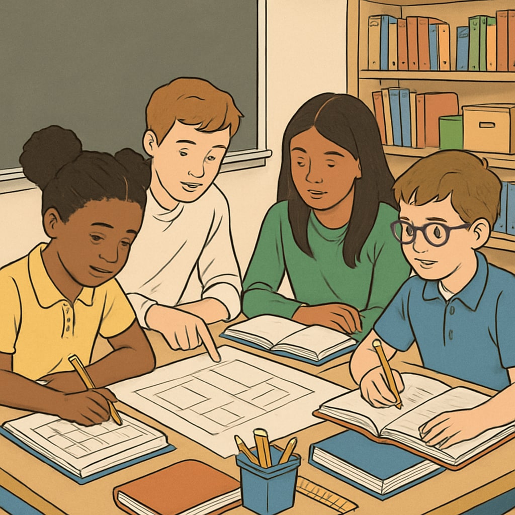 A group of diverse students collaborating on a school project in a classroom setting. Students working together on a school project, highlighting the benefits of study groups.