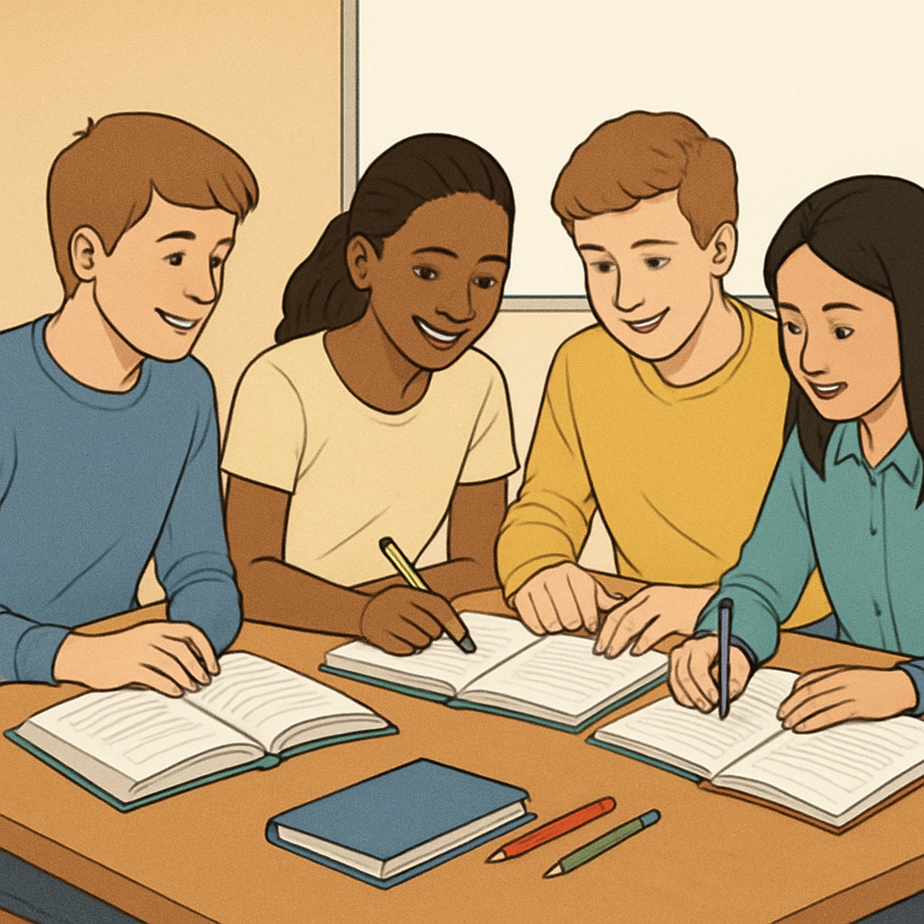 A group of students studying together, representing collaborative learning in a competitive academic environment. Students studying together, symbolizing collaborative learning and academic resilience.