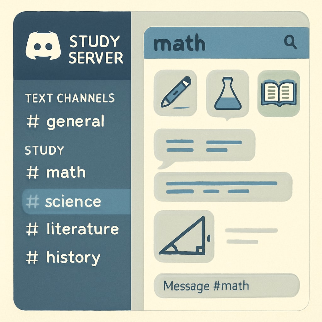 A Discord server interface with channels dedicated to various study topics, such as math, science, and literature. A screenshot of a Discord server used for study groups, showcasing its utility in education.