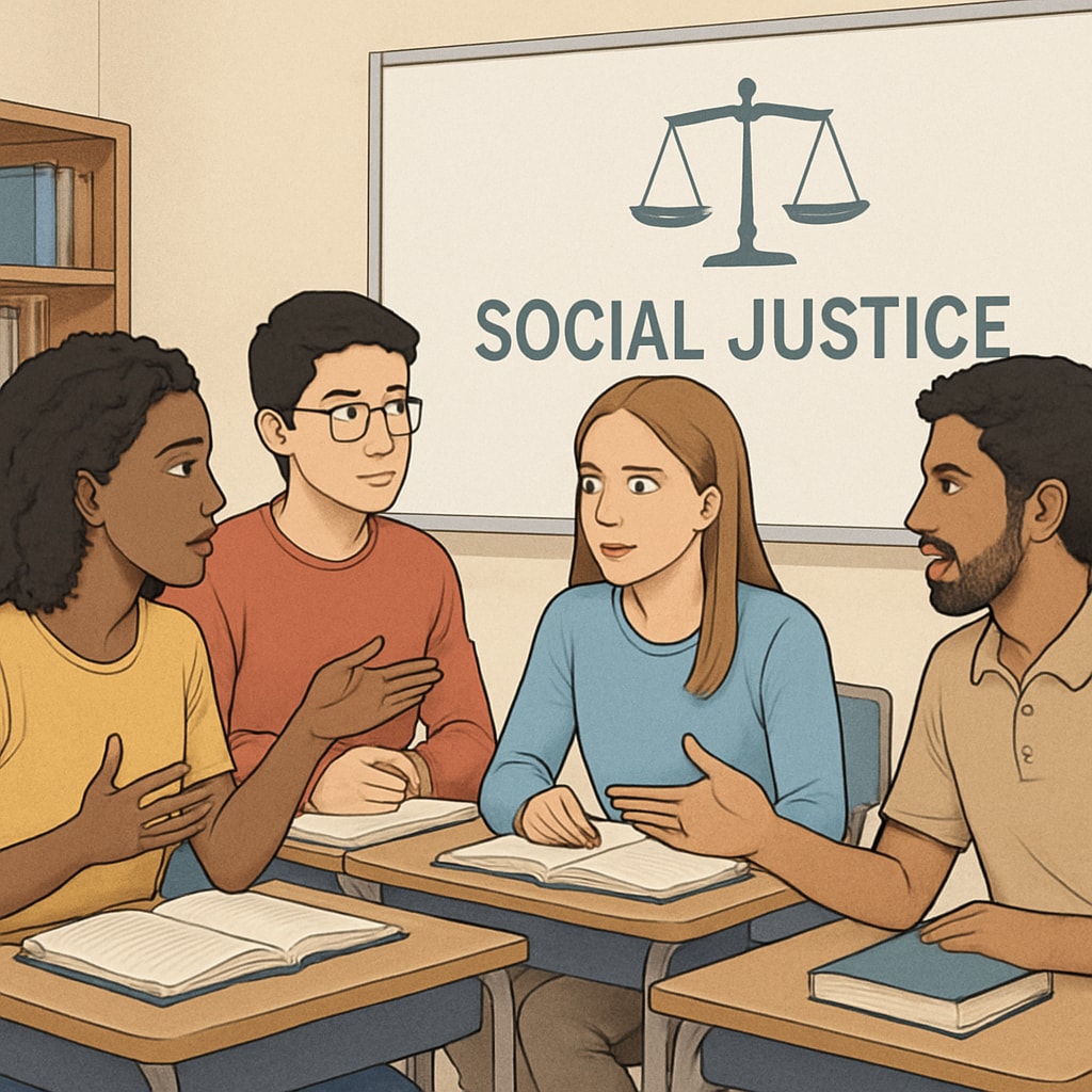 A group of diverse students engaged in a classroom discussion about social justice topics, symbolizing inclusion and critical thinking. Students discussing social justice topics in a classroom, representing