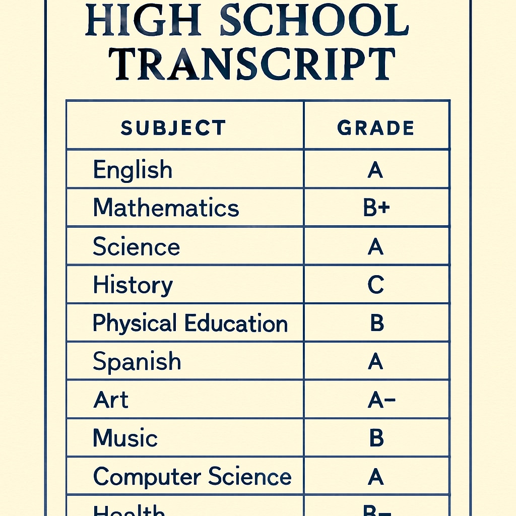 A high school transcript with a mix of grades, showing the importance of context in academic evaluation. High school transcript highlighting mixed grades and their role in admissions.