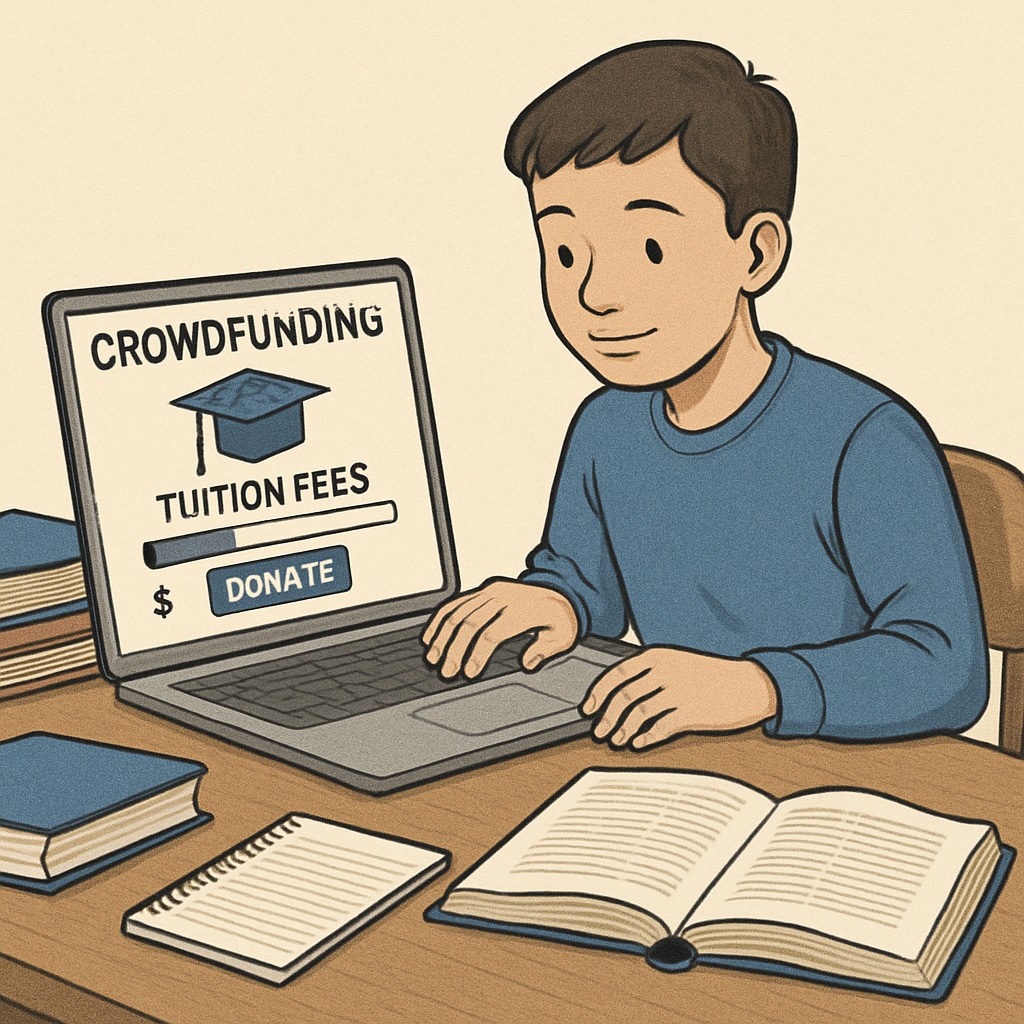 A young student using a laptop to create a crowdfunding campaign for tuition fees. This image highlights the prevalence of crowdfunding among students struggling with tuition costs. Crowdfunding for tuition fees by a student using a laptop