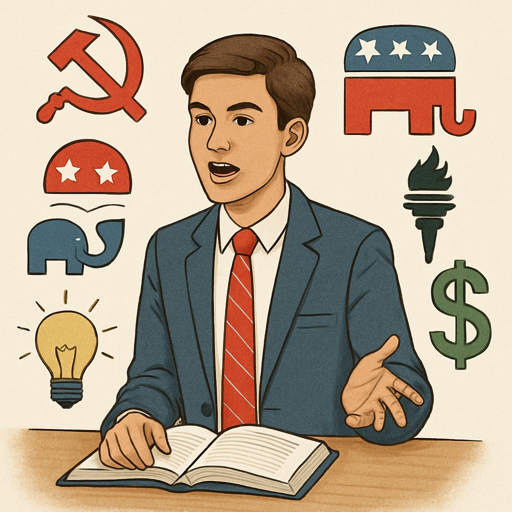 A high school student expressing their opinion during a debate on political ideologies, representing diverse perspectives in education. High school student sharing their views on political ideologies in education, tied to