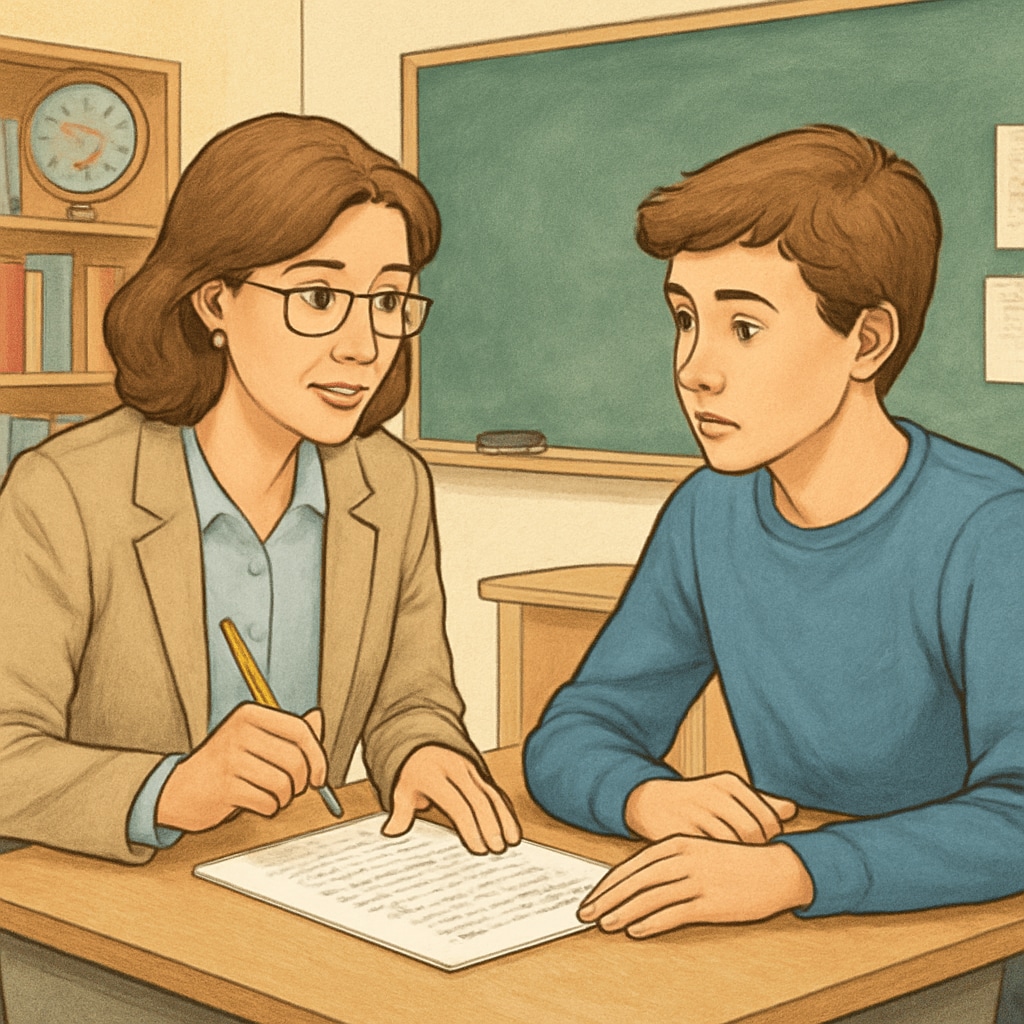 Teacher reviewing a student's essay to ensure academic integrity.