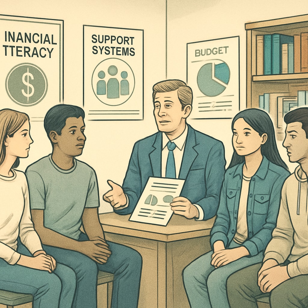 A group of students receiving financial counseling at a school office, symbolizing the importance of financial literacy and support systems in education. Students receiving financial counseling at a school