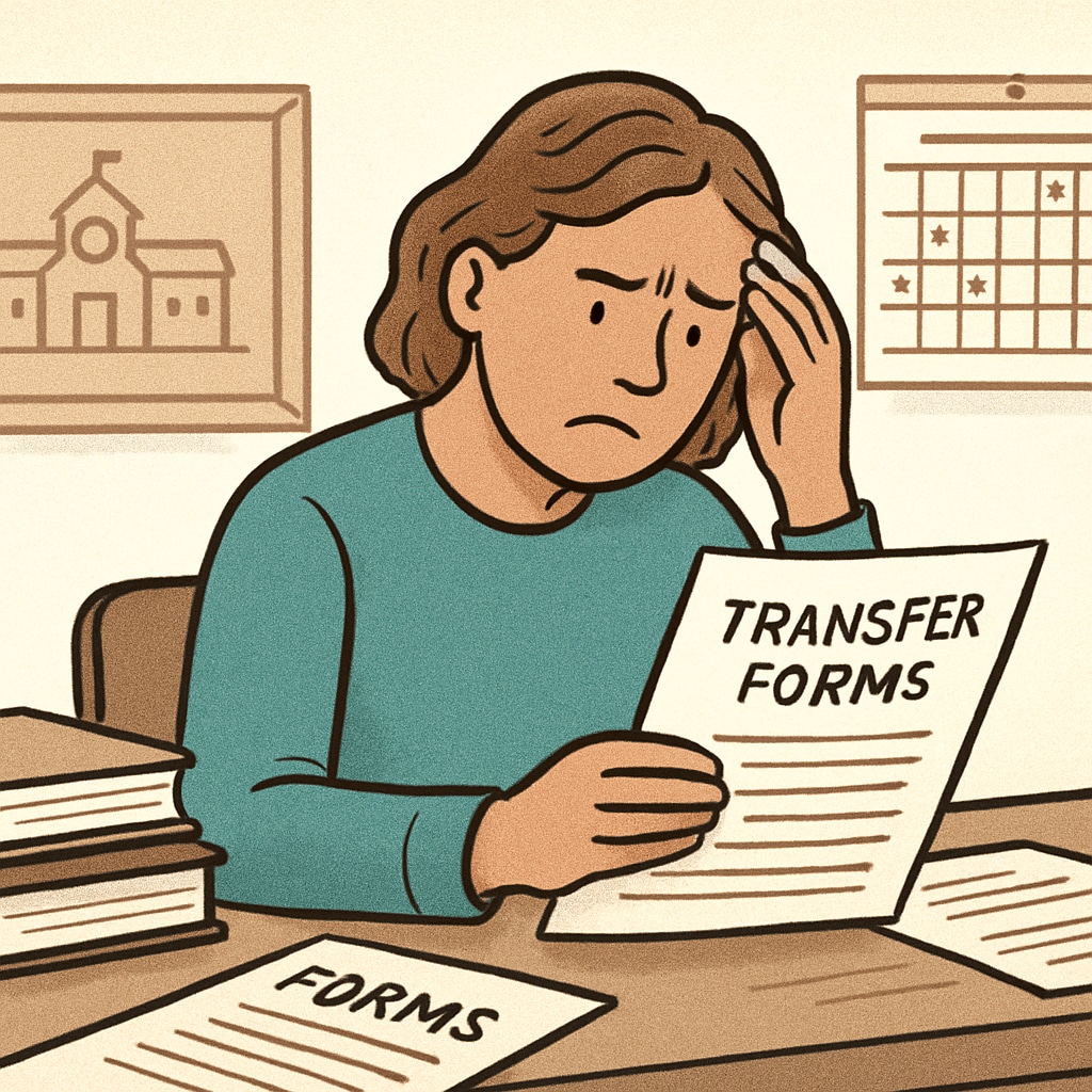 Parent reviewing school transfer forms, representing school choice challenges.