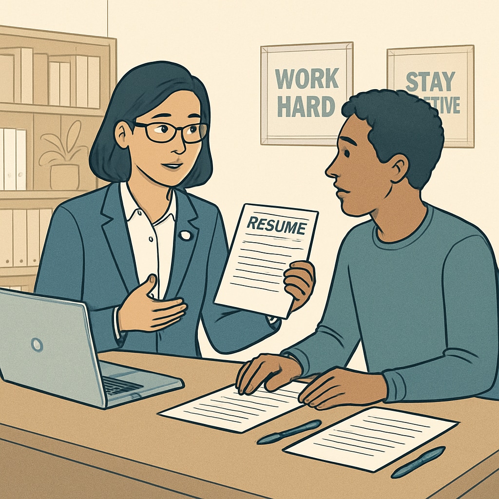 A professional Canadian career coach assisting a job seeker with resume improvements. Canadian career coach helping a job seeker refine their resume.