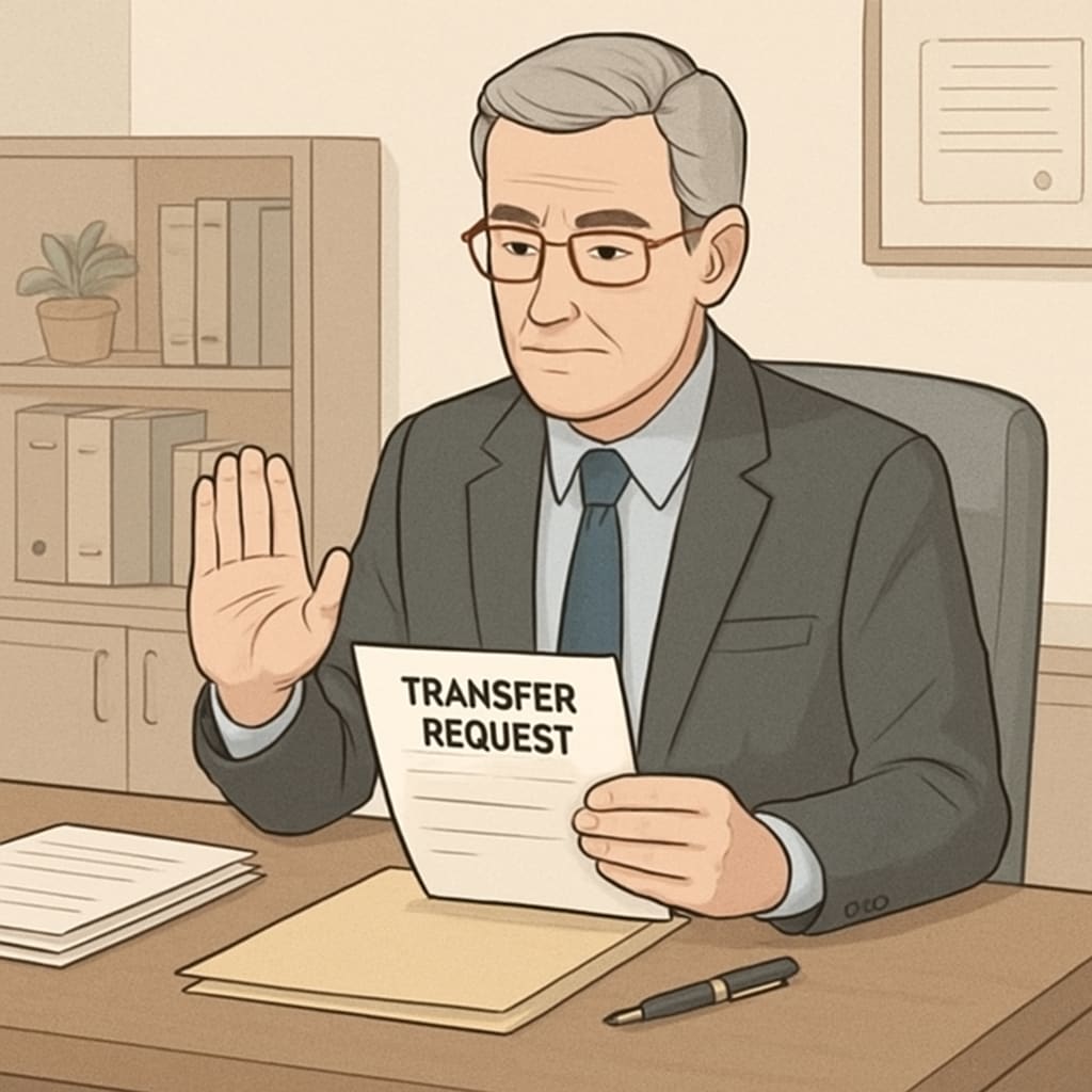 School official rejecting transfer request, highlighting discrimination in school choice.