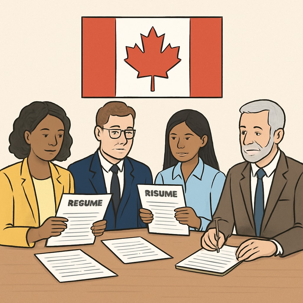 A diverse group of Canadian professionals reviewing resumes during a career development workshop. Canadian professionals discussing resumes at a career workshop.