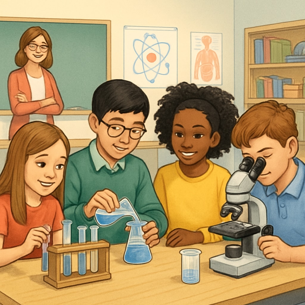 A classroom with diverse students working collaboratively on a science experiment. The image shows students of different ethnicities engaging in hands-on learning. Diverse students working together on a science experiment in high school.