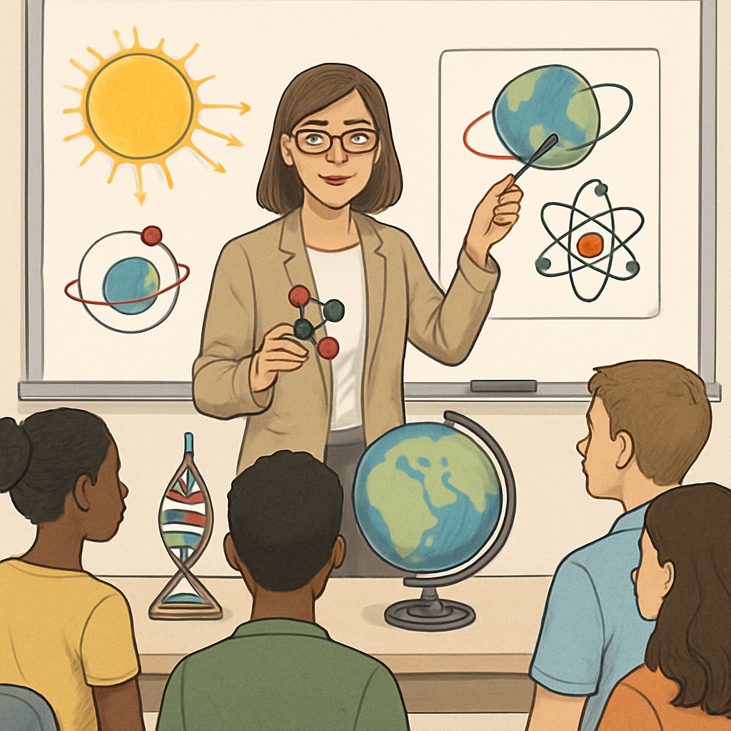 A teacher using visual aids and models to explain scientific concepts to a diverse group of students. Visual aids and models supporting English learners in science classrooms.