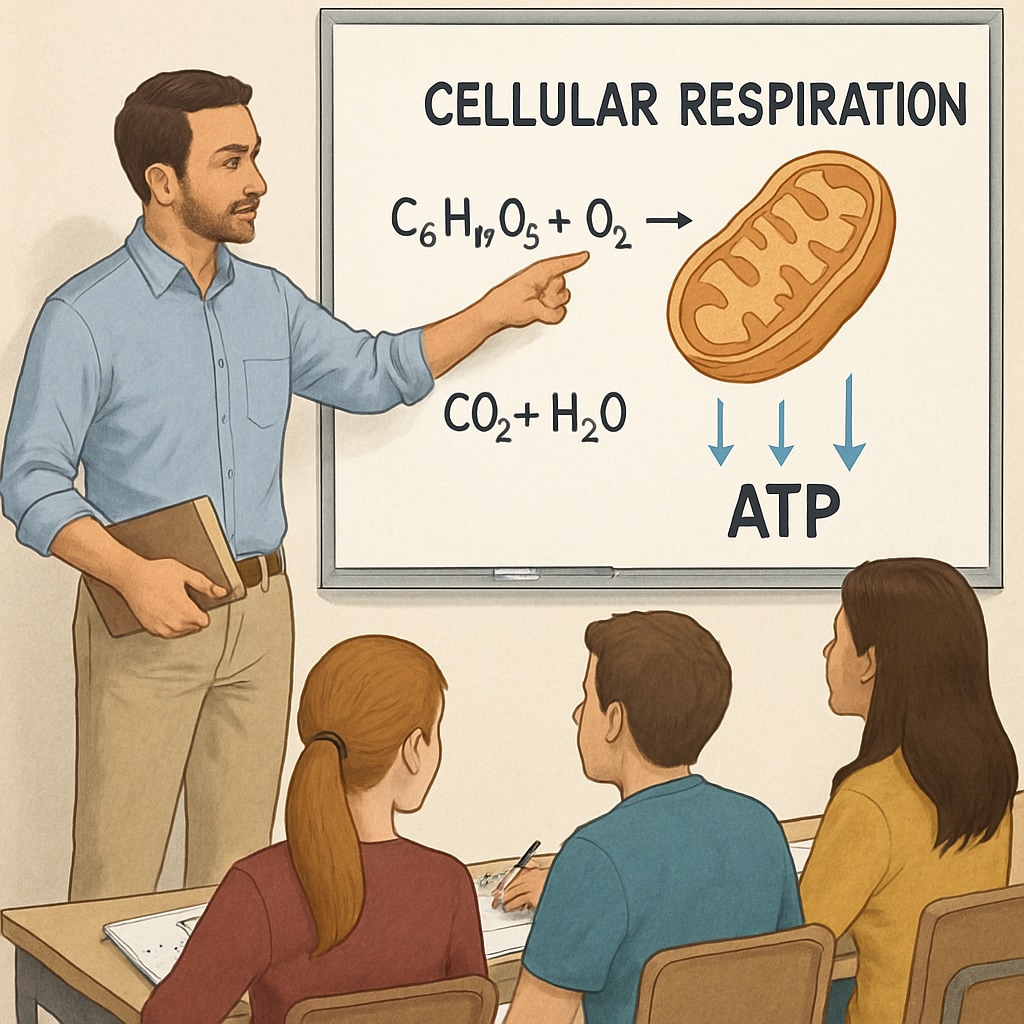 A teacher using a whiteboard to explain a science concept to high school students. The image shows the teacher pointing to a diagram while students take notes. High school teacher explaining a science concept to students using a whiteboard.