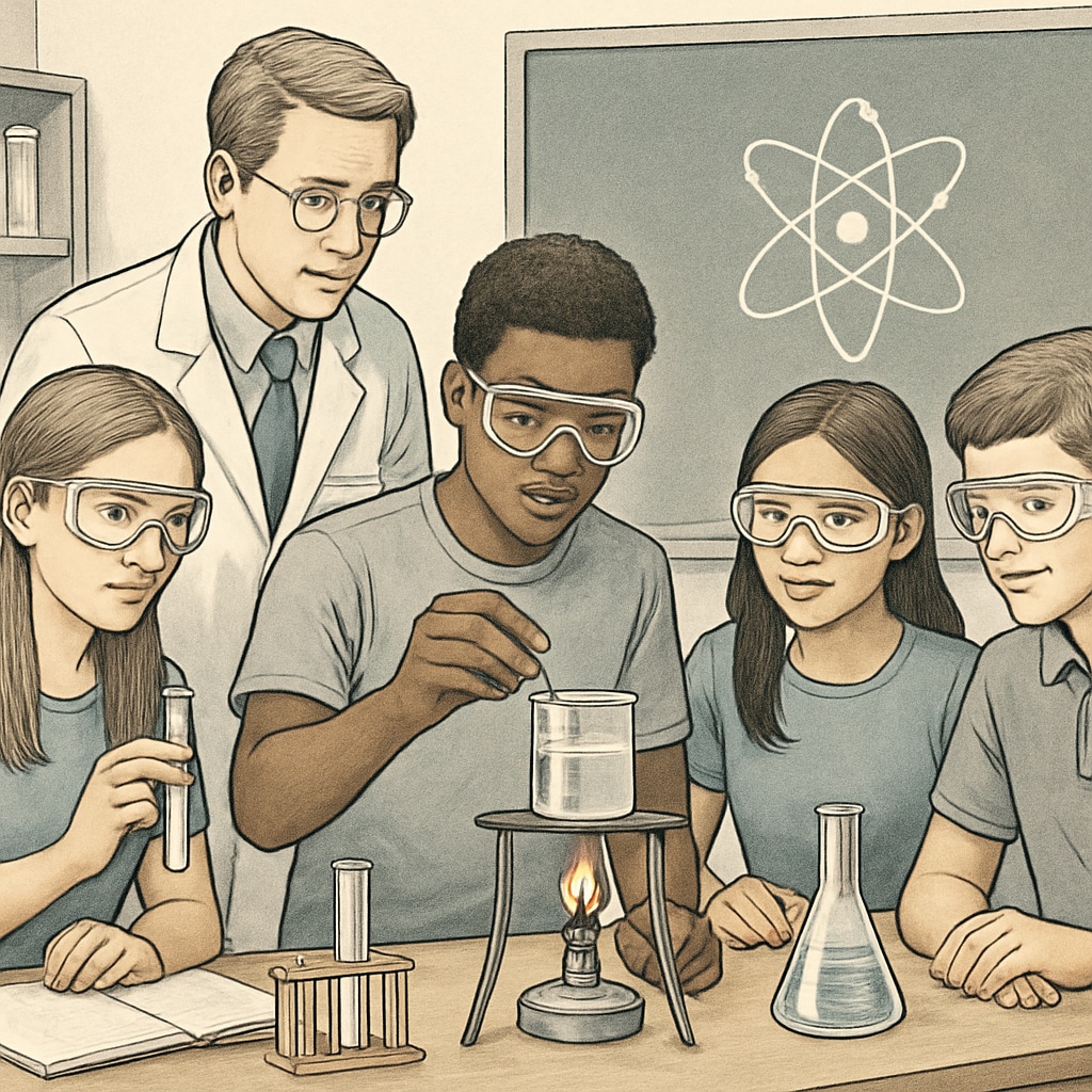 A group of high school students conducting a hands-on science experiment with a teacher guiding them. Hands-on science experiment engaging English learners in learning.