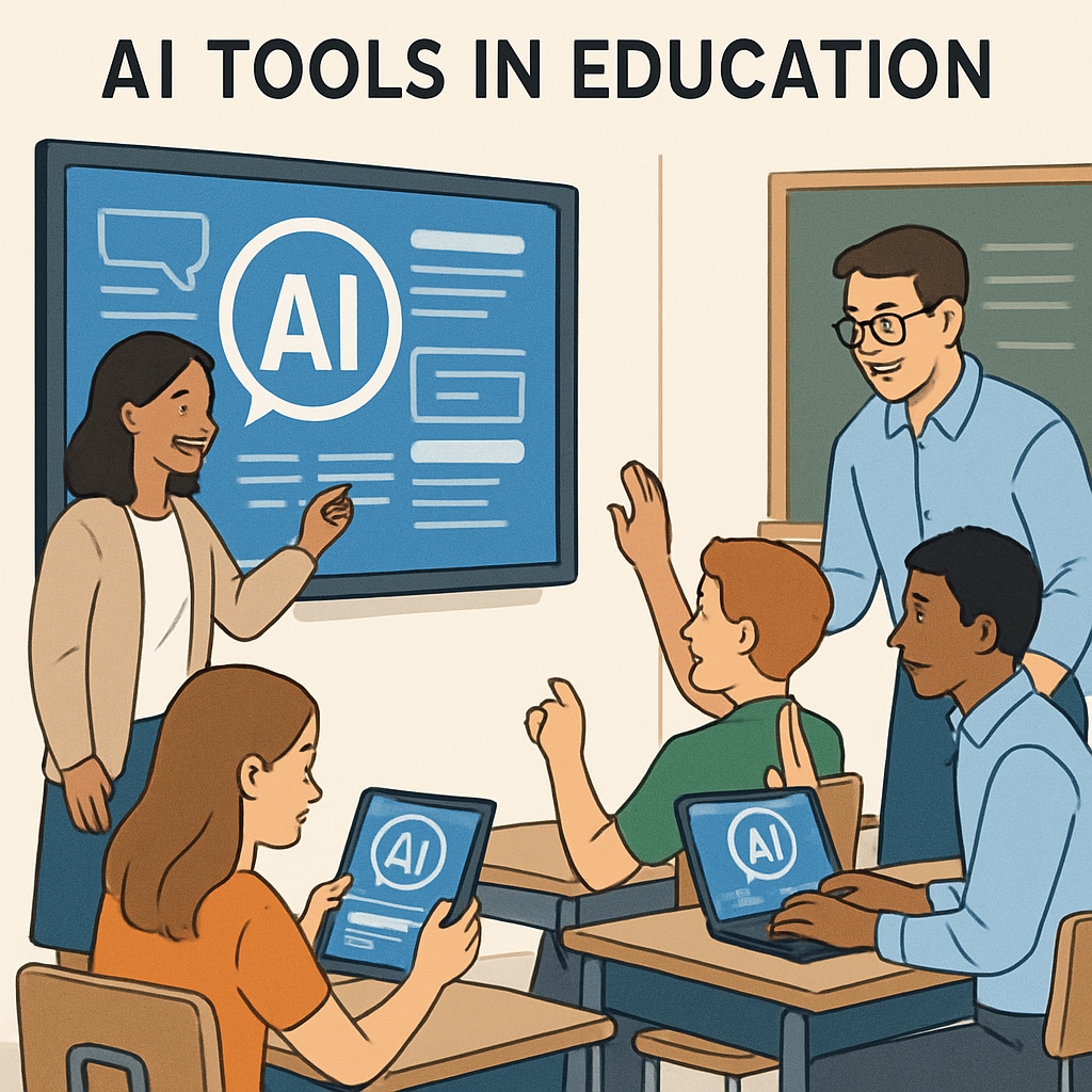 A conceptual image showing AI tools being used in education, with students and teachers engaging with AI-enabled devices. AI tools in education with students and teachers engaging actively.