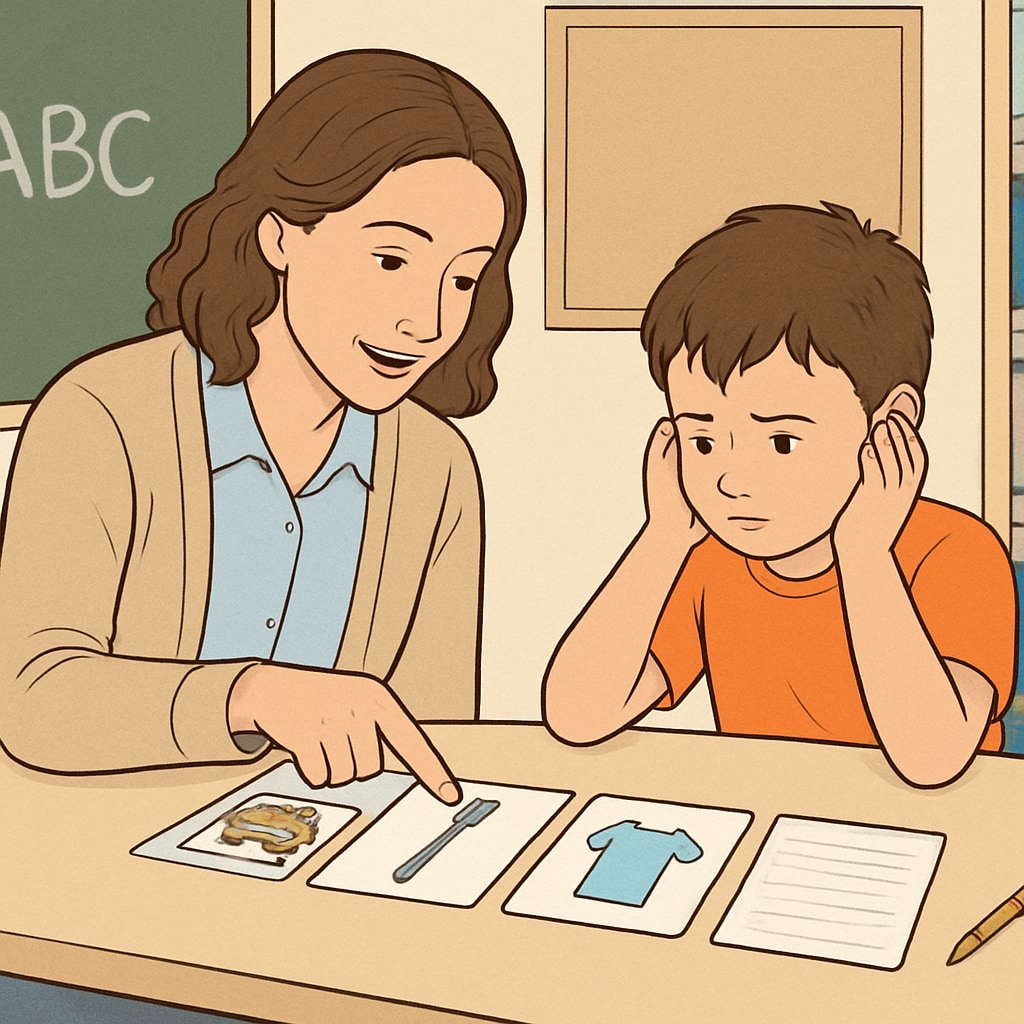 Special education assistant helping a child with autism using visual aids.