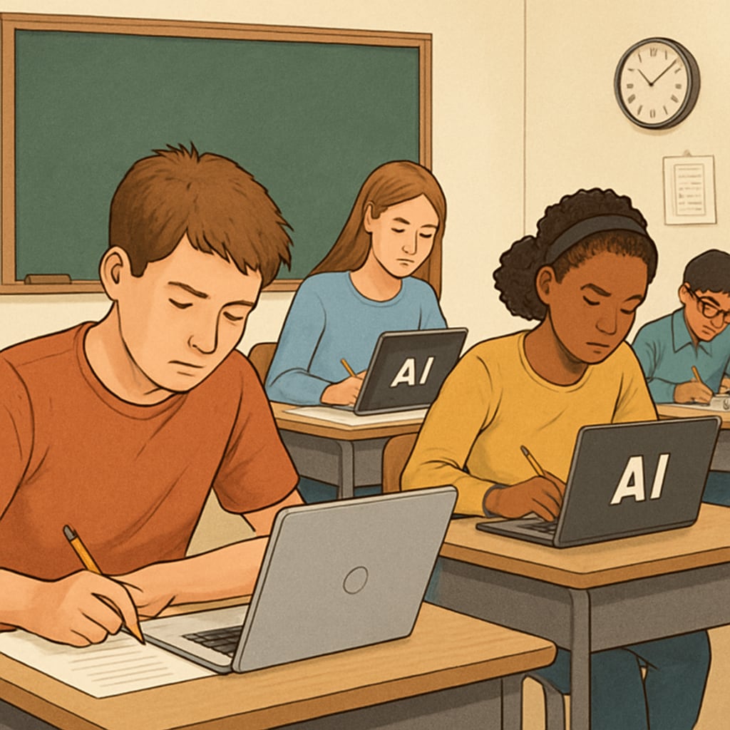 A classroom setting with students taking exams, while AI tools like laptops and tablets are visible. Students taking exams in a classroom with visible AI tools.