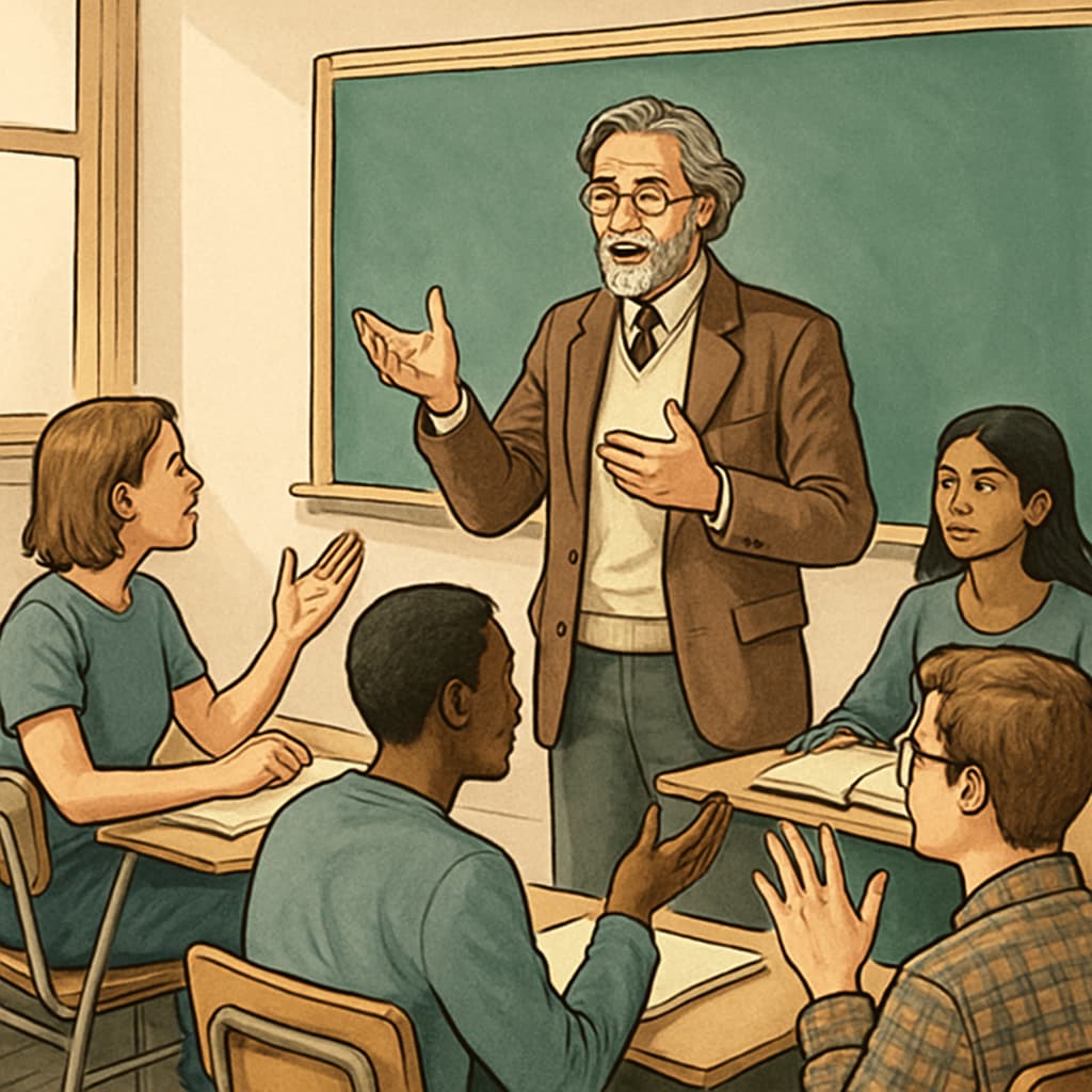 Philosophy teacher leading a classroom discussion on ethics and reasoning.