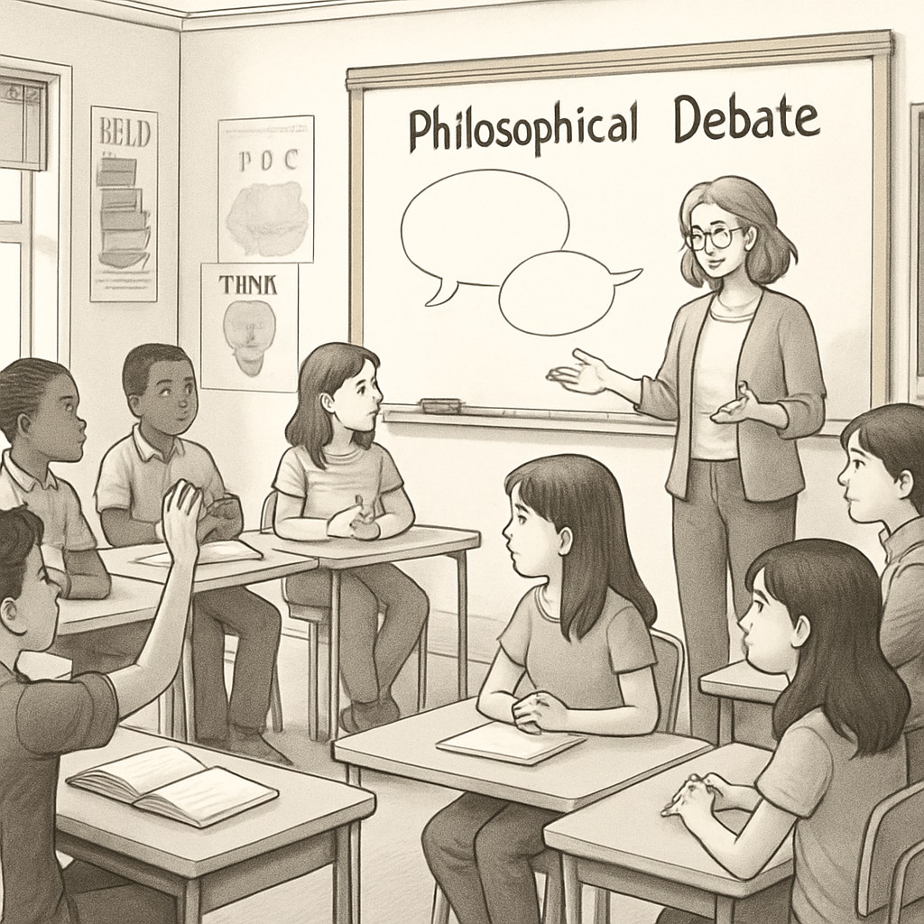 K12 students engaged in philosophical discussion facilitated by a volunteer teacher.