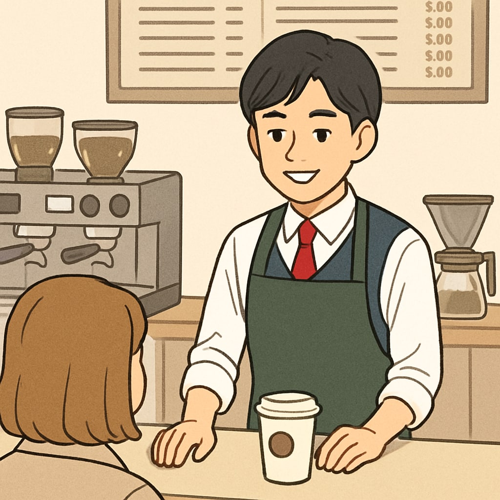 A high school student working part-time at a coffee shop, smiling while interacting with a customer. High school student managing part-time work and studies at a coffee shop.