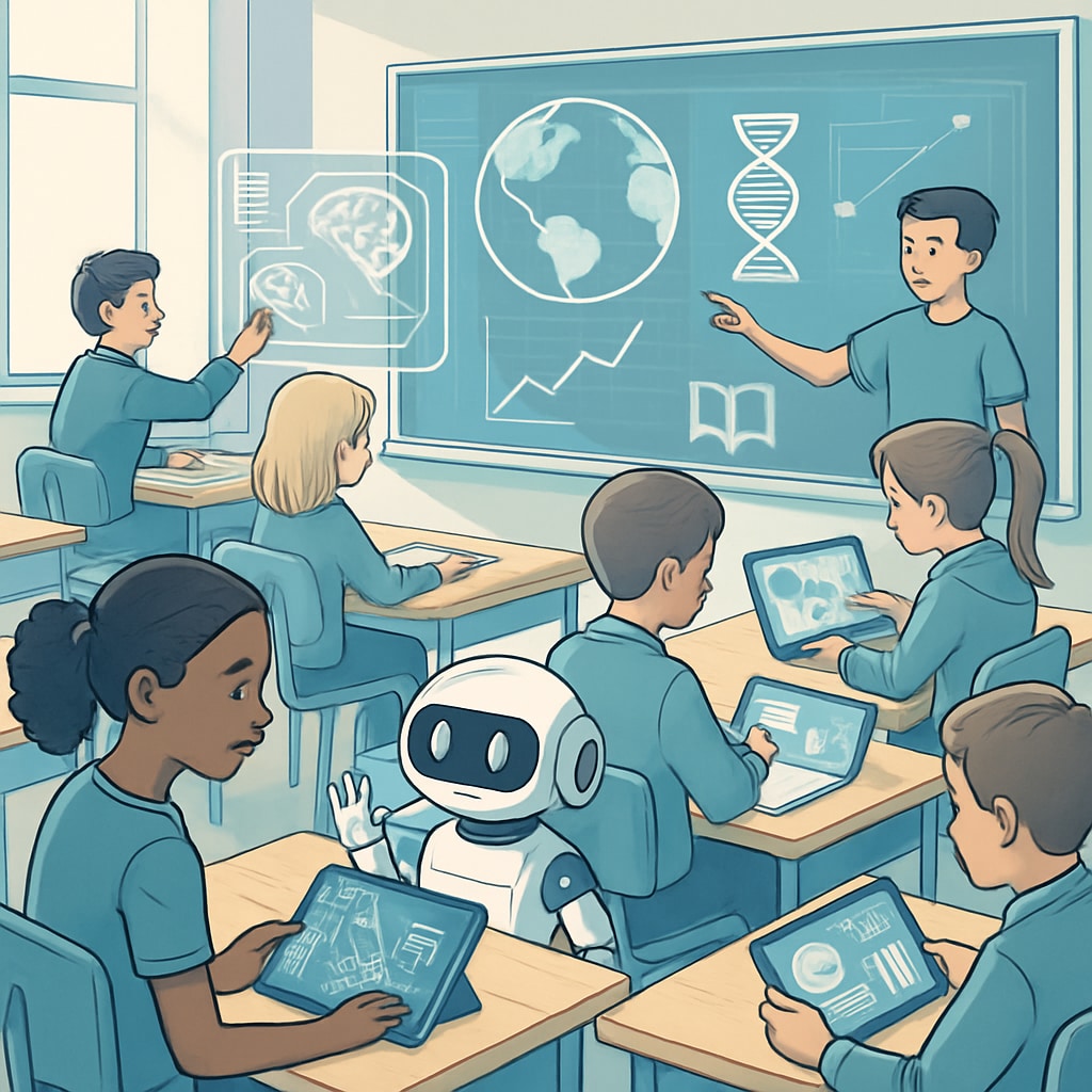 Students interacting with AI tools in a modern classroom setting.