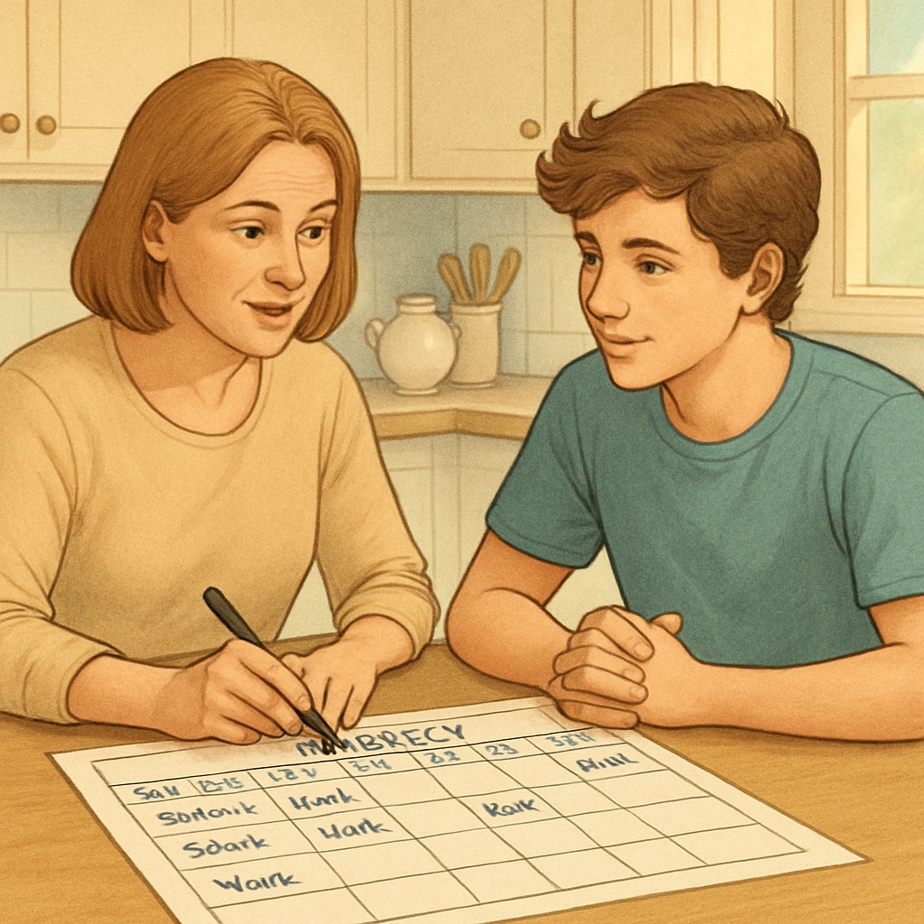 A parent and teenager sitting at a kitchen table, planning a weekly schedule to balance school and work commitments. Parent and teen discussing schoolwork and part-time job responsibilities.