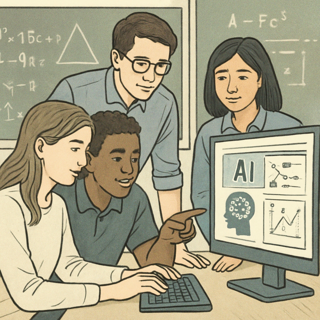 Team of students using AI tools for collaborative problem-solving during an exam.