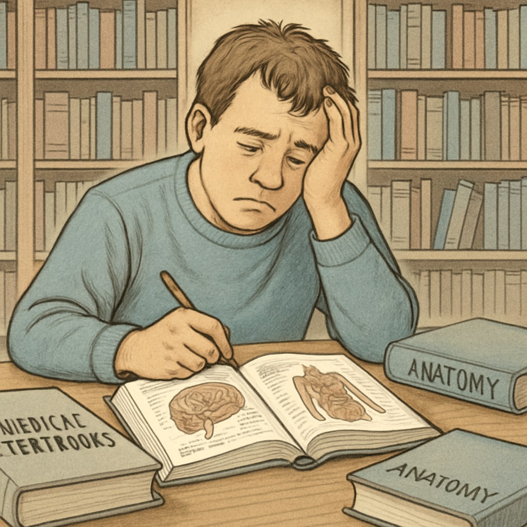 A student with learning disabilities studying in a library, surrounded by medical textbooks. Student with learning disabilities studying medical textbooks in a library.