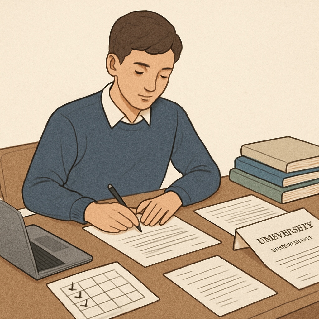 Student organizing college application documents for Harvard admissions.