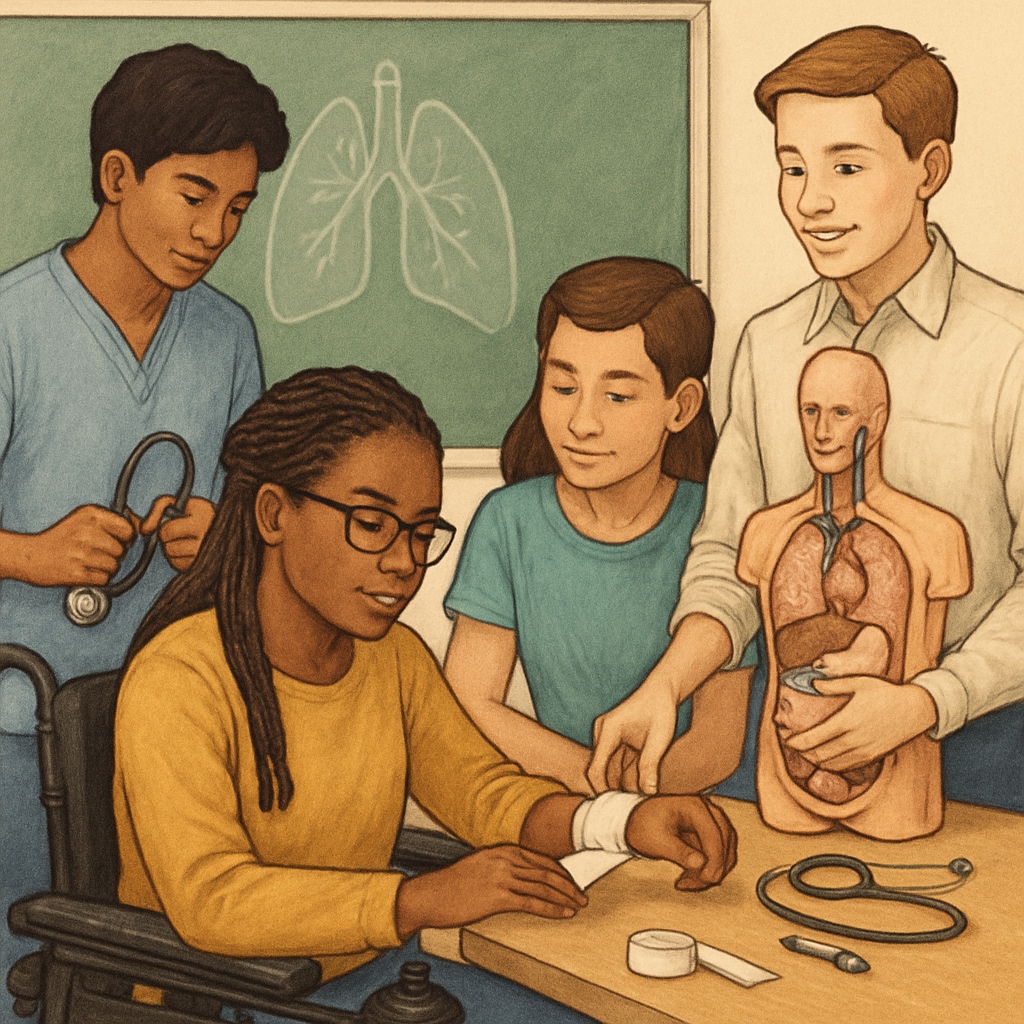 A group of students in a medical workshop, including one using assistive technology. Students in a medical workshop, one using assistive technology.