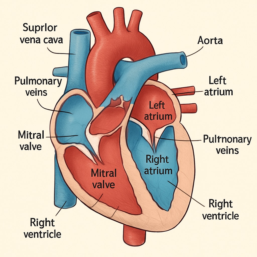 An illustration of the human heart, highlighting its major components such as atria, ventricles, and valves. Human heart diagram for cardiology study