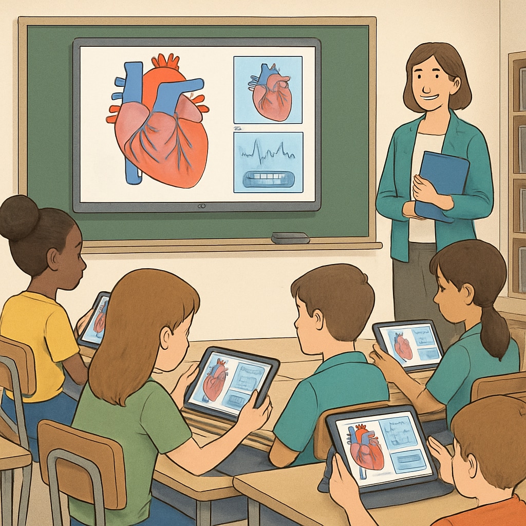 A classroom setting with students engaged in an interactive online cardiology module using tablets. Students learning cardiology through online courses