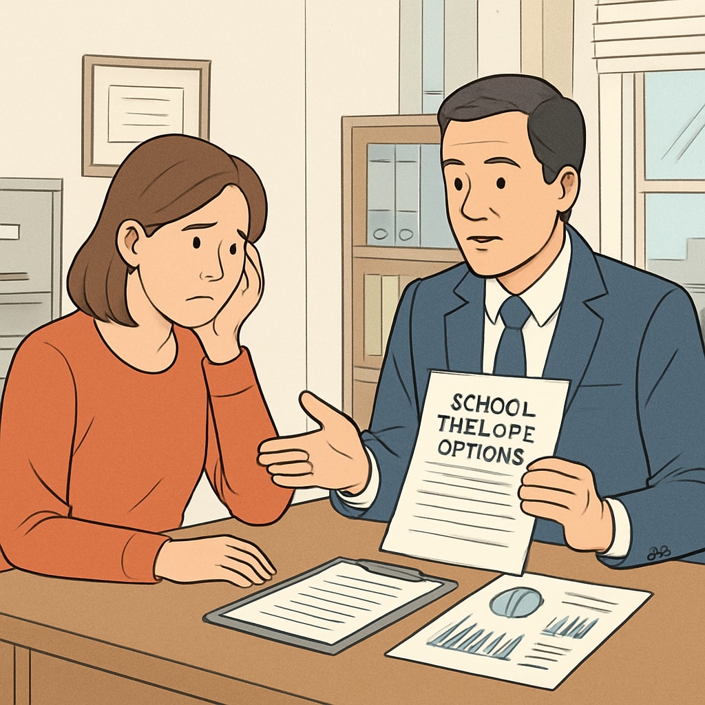 A concerned parent discussing school transfer options with a school official, illustrating challenges in school district communication. Parent discussing school transfer options in relation to school district communication obstacles.