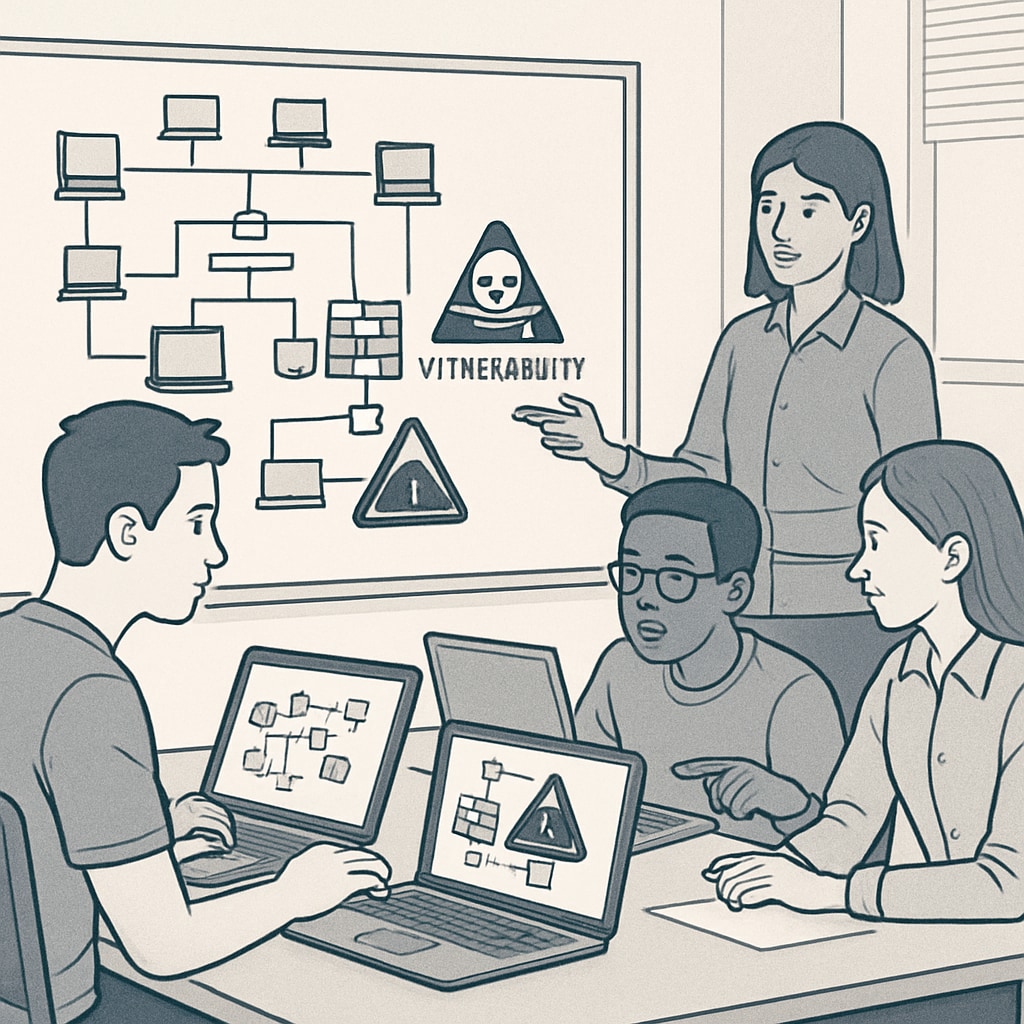 Students working on a cybersecurity project to understand network vulnerabilities.