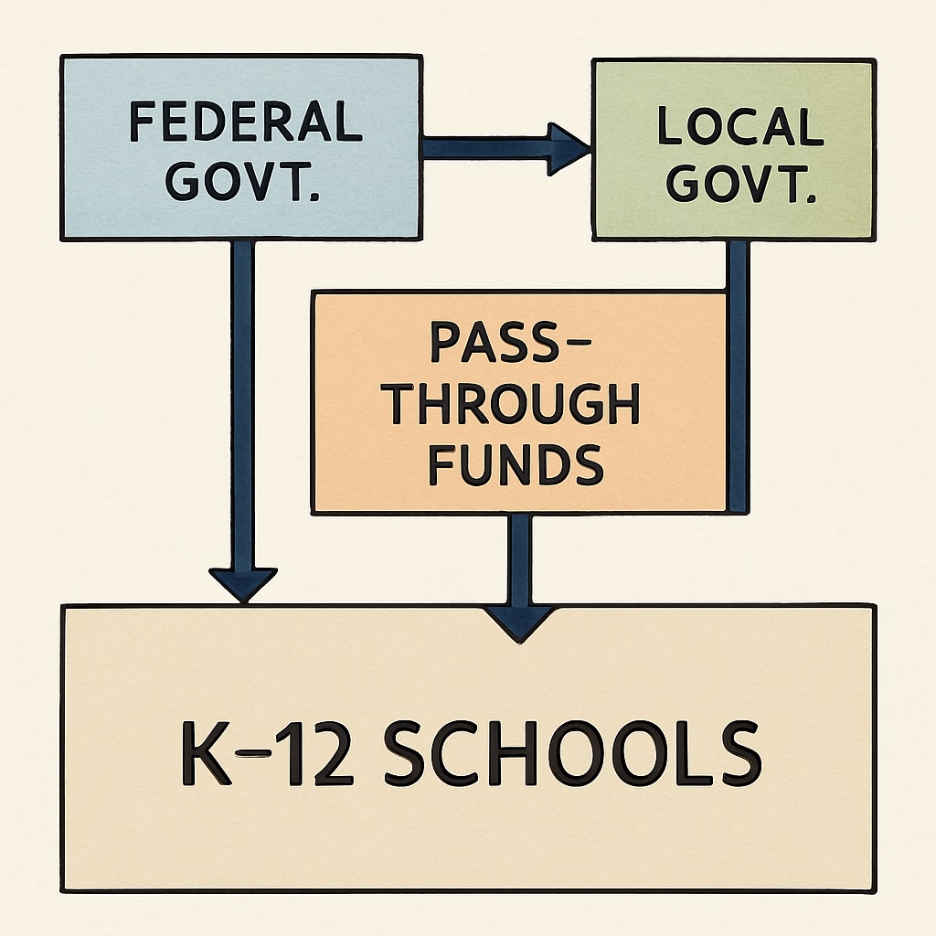 A financial chart illustrating the allocation of pass-through funds in K12 school budgets, emphasizing the flow of money between entities. Pass-through funds allocation chart in K12 school budgets