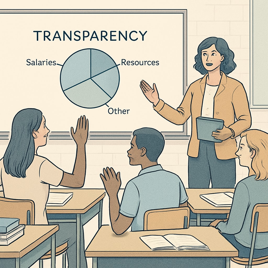A teacher discussing budget allocation with students in a classroom, symbolizing transparency in education finance. Classroom discussion on school budget allocation and transparency