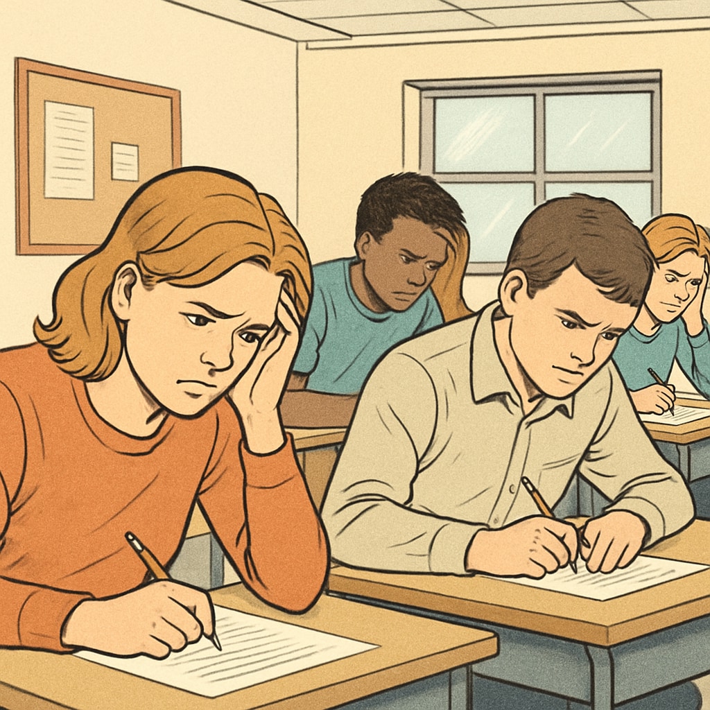 A classroom of students taking an exam, with visible expressions of stress and concentration Students experiencing exam stress during GCSE tests