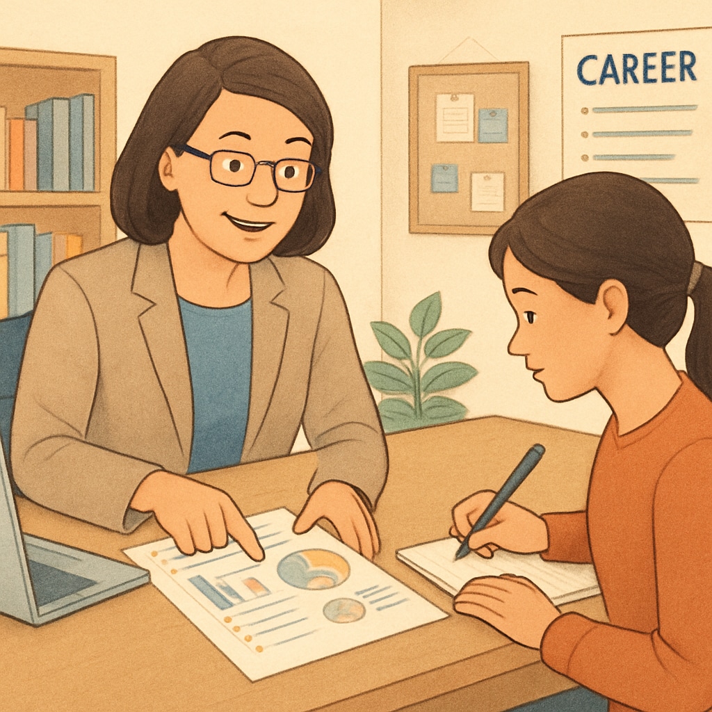 A career counselor guiding a student through a career assessment test, focusing on individual strengths and interests Career counselor helping a student explore career paths beyond GCSE results