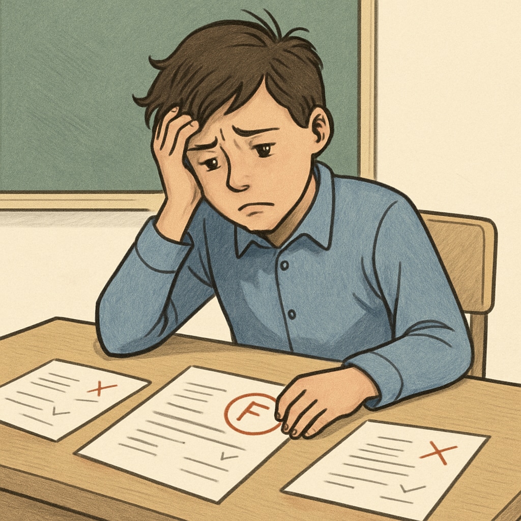 A frustrated student looking at exam papers, symbolizing the challenges of A-level failure. A student struggling with A-level exam failure, considering options.