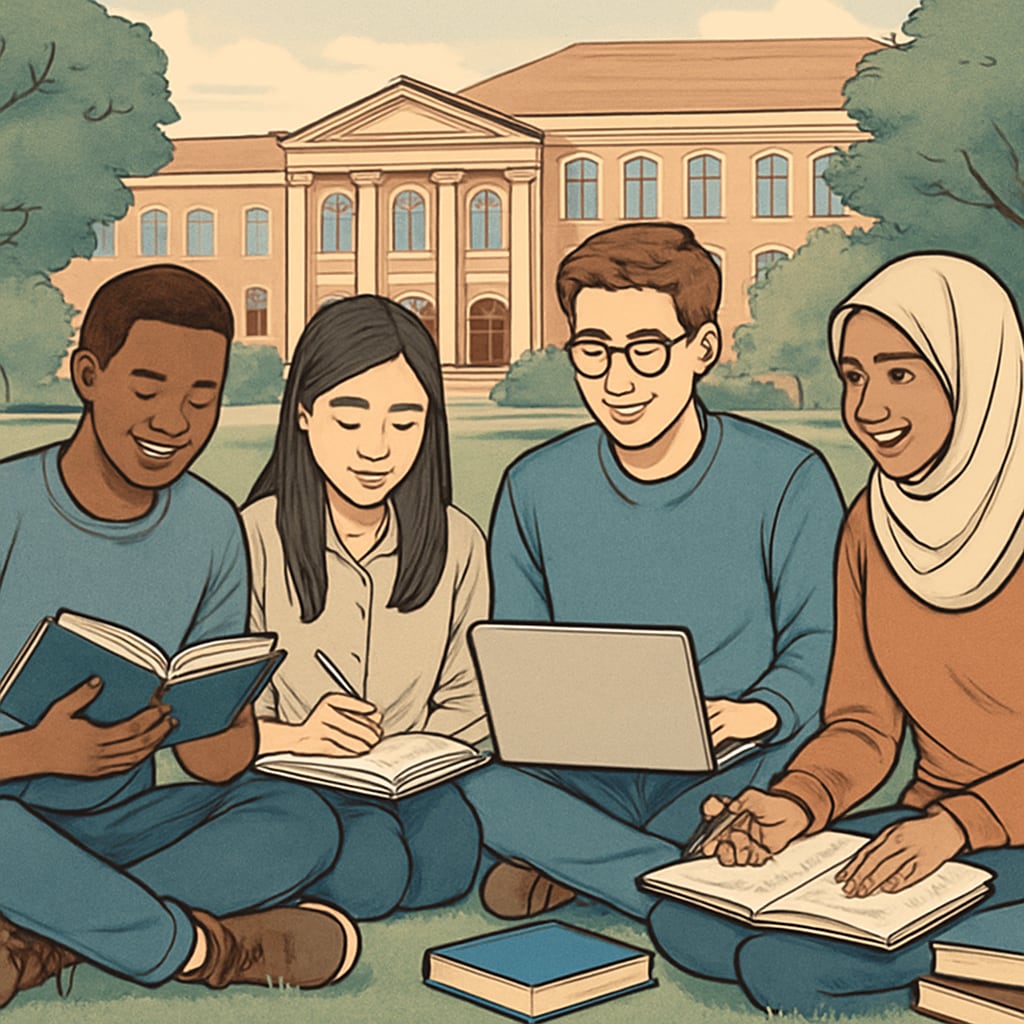 A diverse group of students studying together at a university campus, representing inclusivity and growth. Students at a university campus discussing education choices.