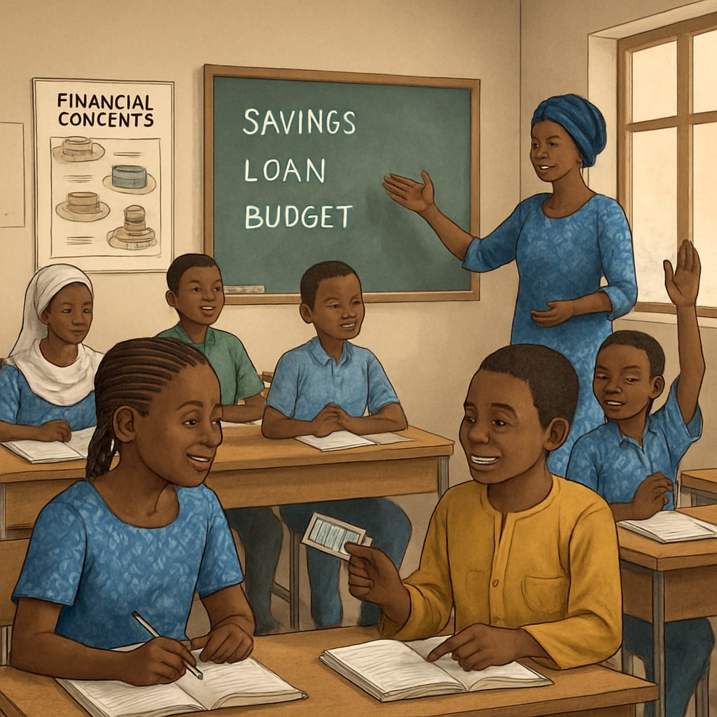 A classroom in Mali where students are actively engaged in learning financial concepts. Students in Mali learning financial concepts in a classroom setting.